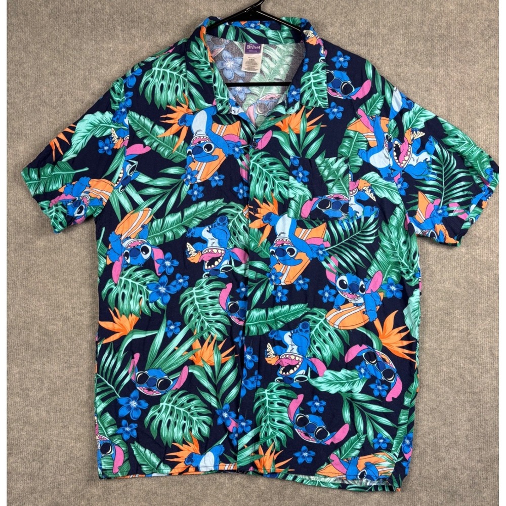 Disney Stitch Aloha Shirt Tropical Floral Button Up Large Navy Blue